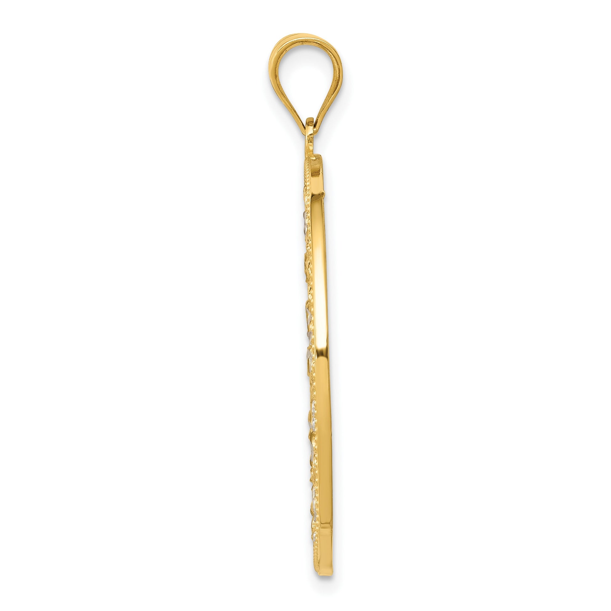 14K and White Rhodium Diamond-cut Circle Pendant