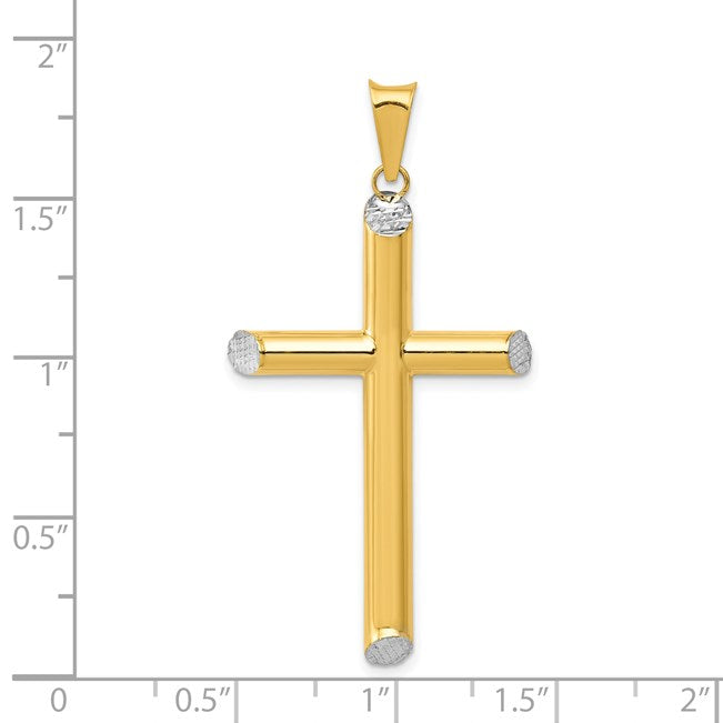14K and White Rhodium 3-D Hollow Diamond-cut Cross Pendant