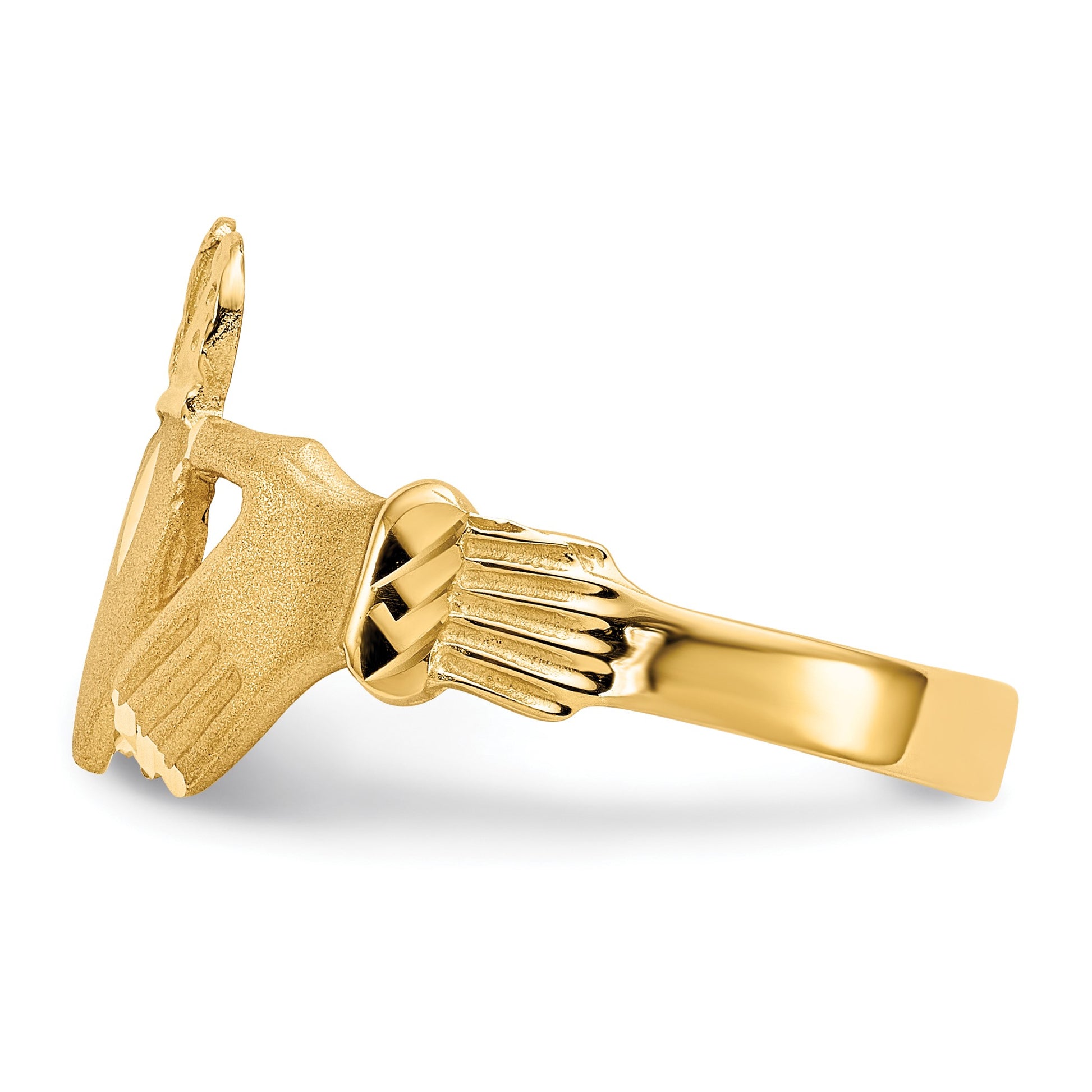 14K Mens Satin Diamond-cut Claddagh Ring