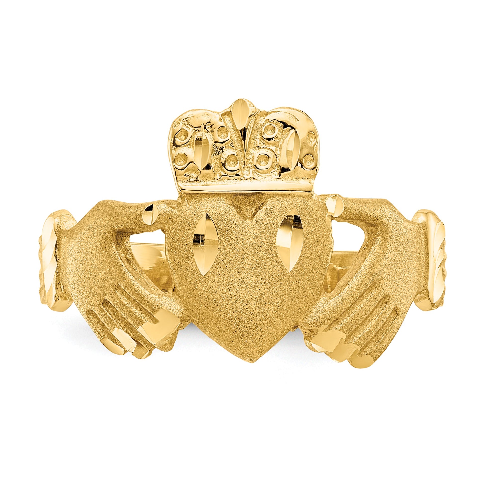 14K Mens Satin Diamond-cut Claddagh Ring