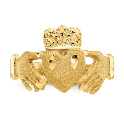 14K Mens Satin Diamond-cut Claddagh Ring
