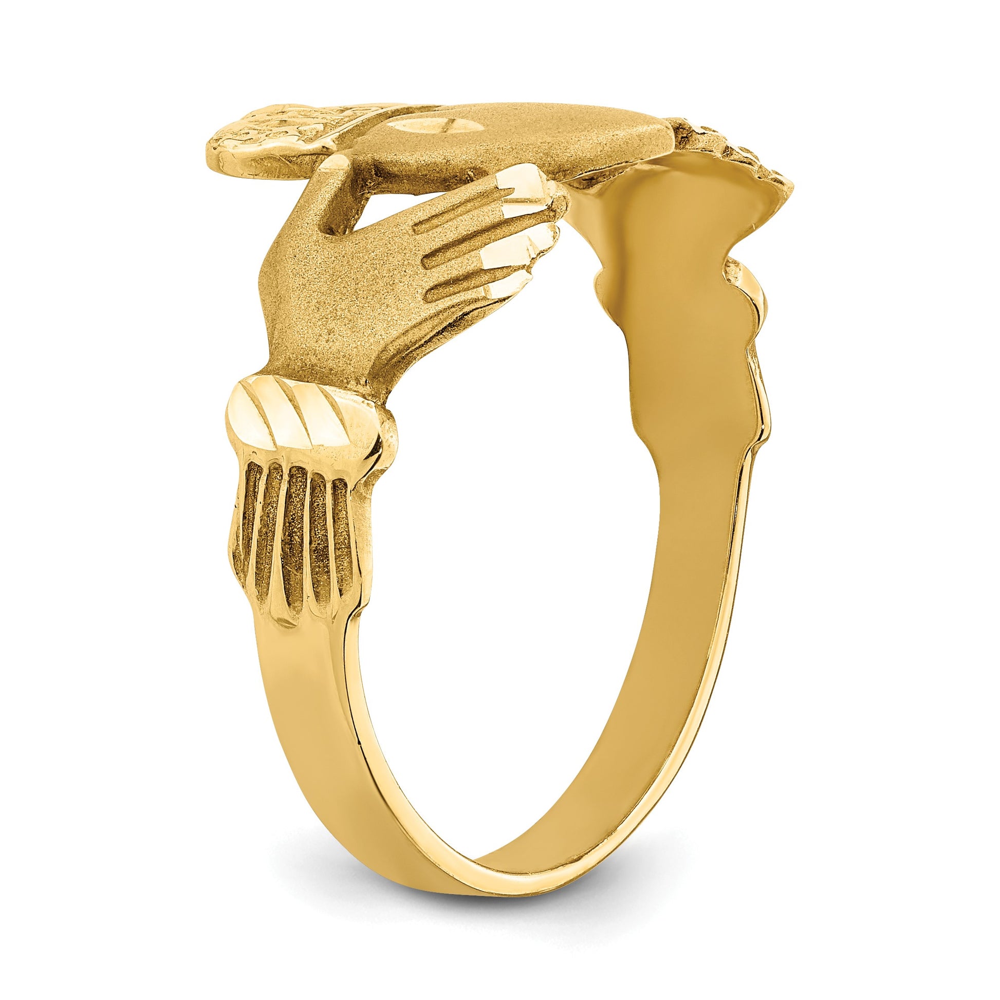 14K Mens Satin Diamond-cut Claddagh Ring