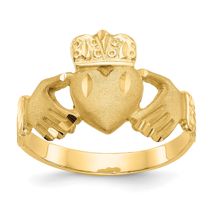 14K Mens Satin Diamond-cut Claddagh Ring