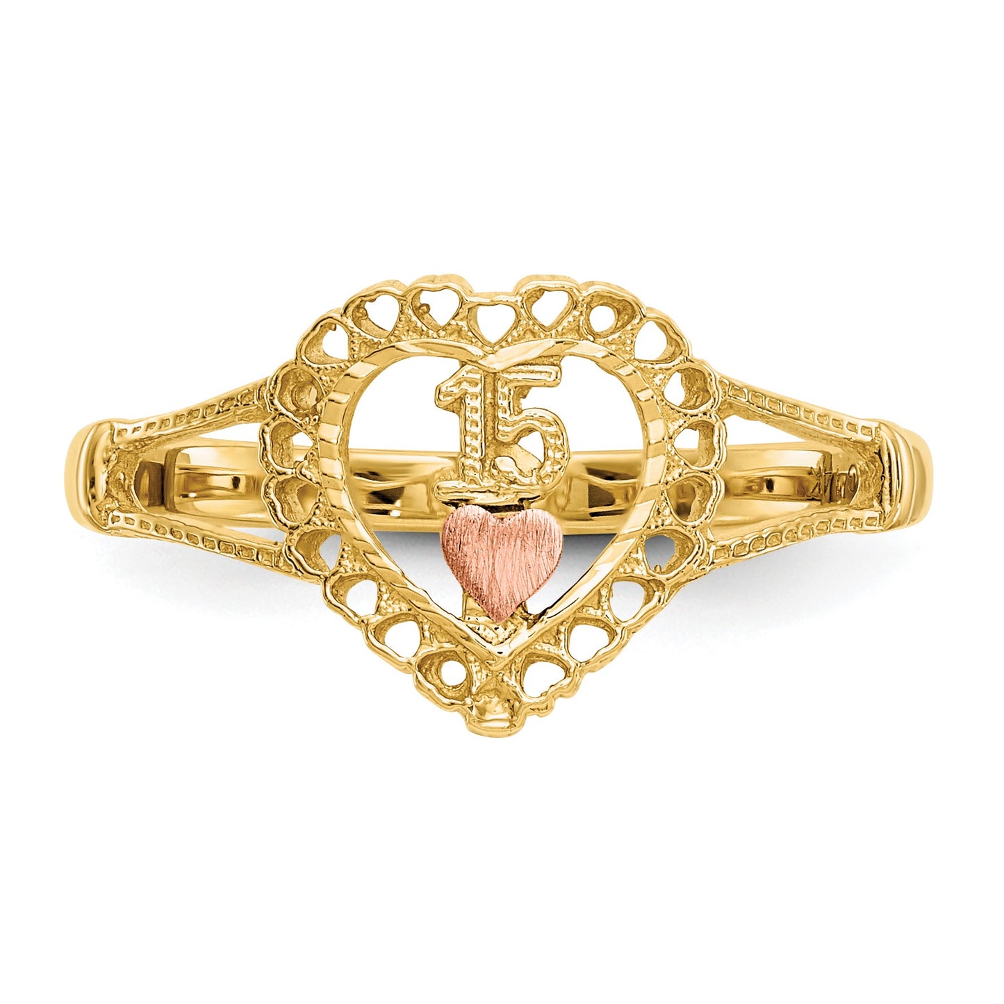 14K Two-tone Quinceanera 15 in Heart Ring