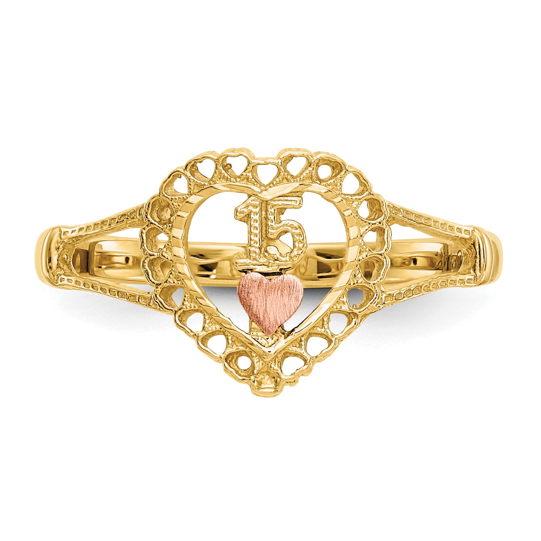 14K Two-tone Quinceanera 15 in Heart Ring
