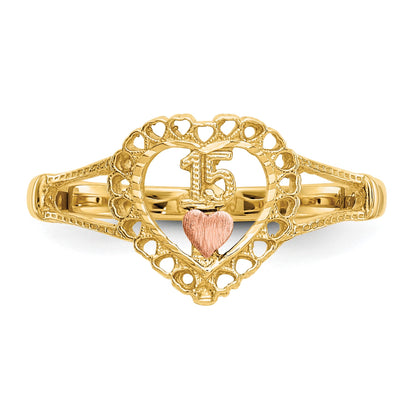 14K Two-tone Quinceanera 15 in Heart Ring
