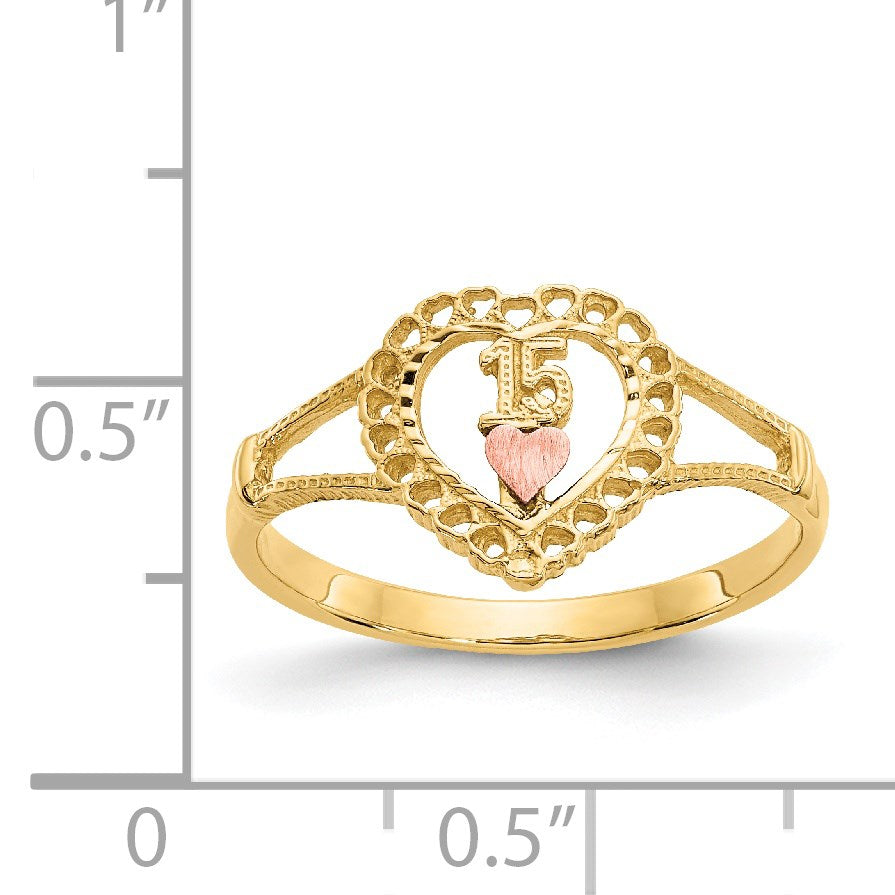 14K Two-tone Quinceanera 15 in Heart Ring