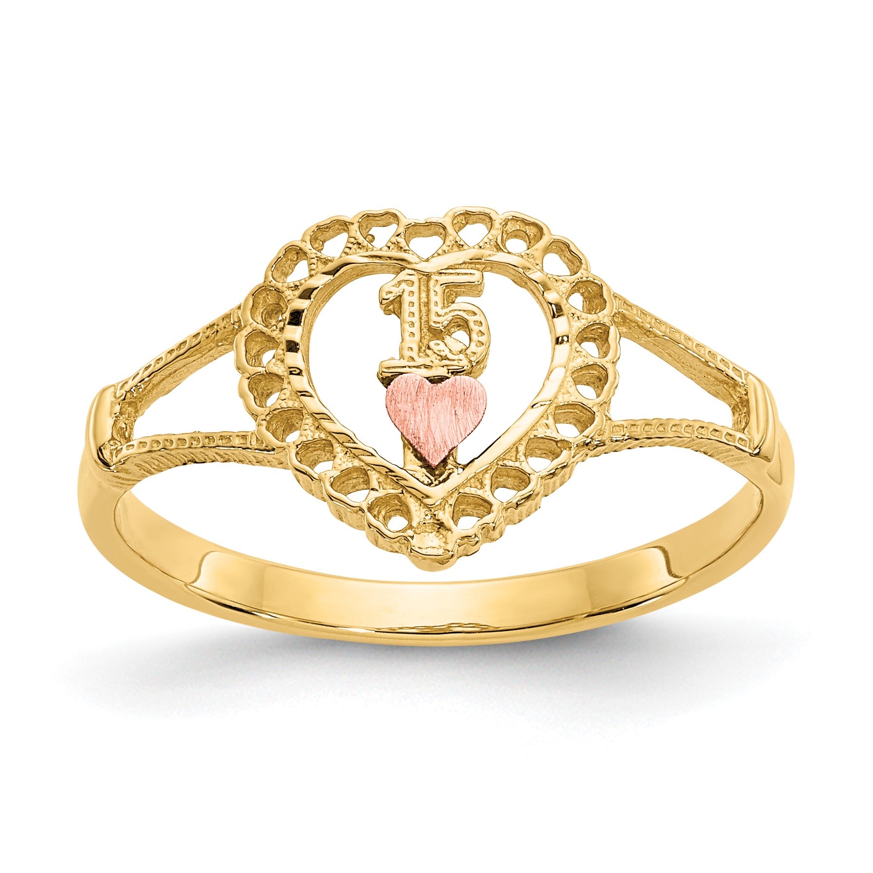 14K Two-tone Quinceanera 15 in Heart Ring
