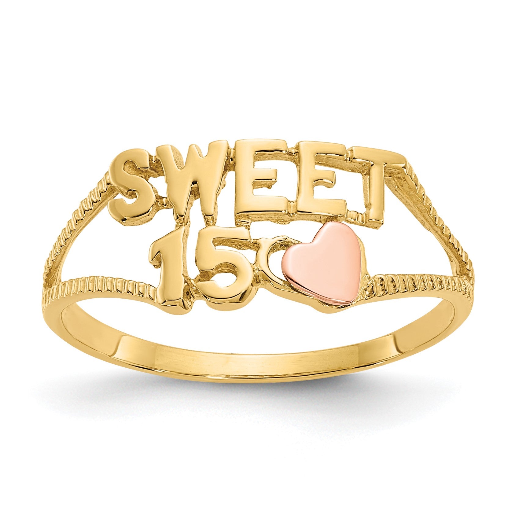14K Two-tone Quinceanera SWEET 15 Heart Ring