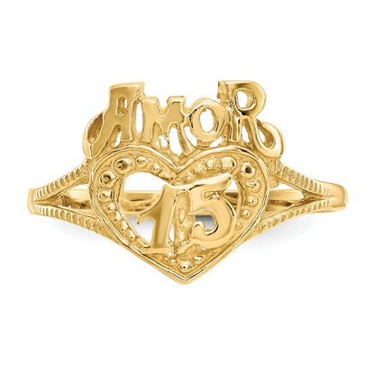 14K Quinceanera AMOR 15 Heart Ring