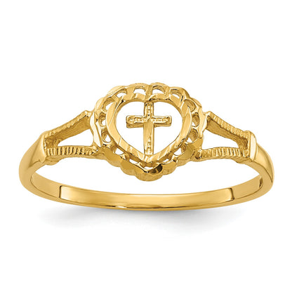14K Diamond-Cut Cross in Heart Size 4 Baby / Childs Ring