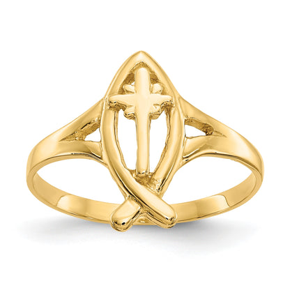 14k Ichthus with Cross Ring