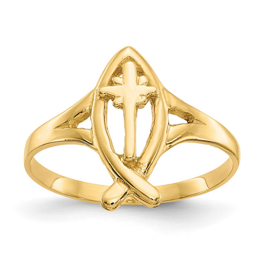 14k Ichthus with Cross Ring