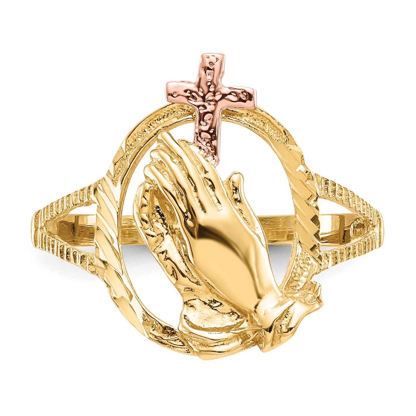 14K Two-tone Diamond Cut Praying Hands with Cross Ring
