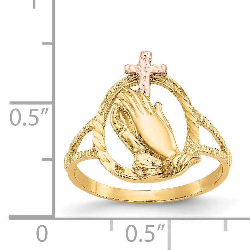 14K Two-tone Diamond Cut Praying Hands with Cross Ring