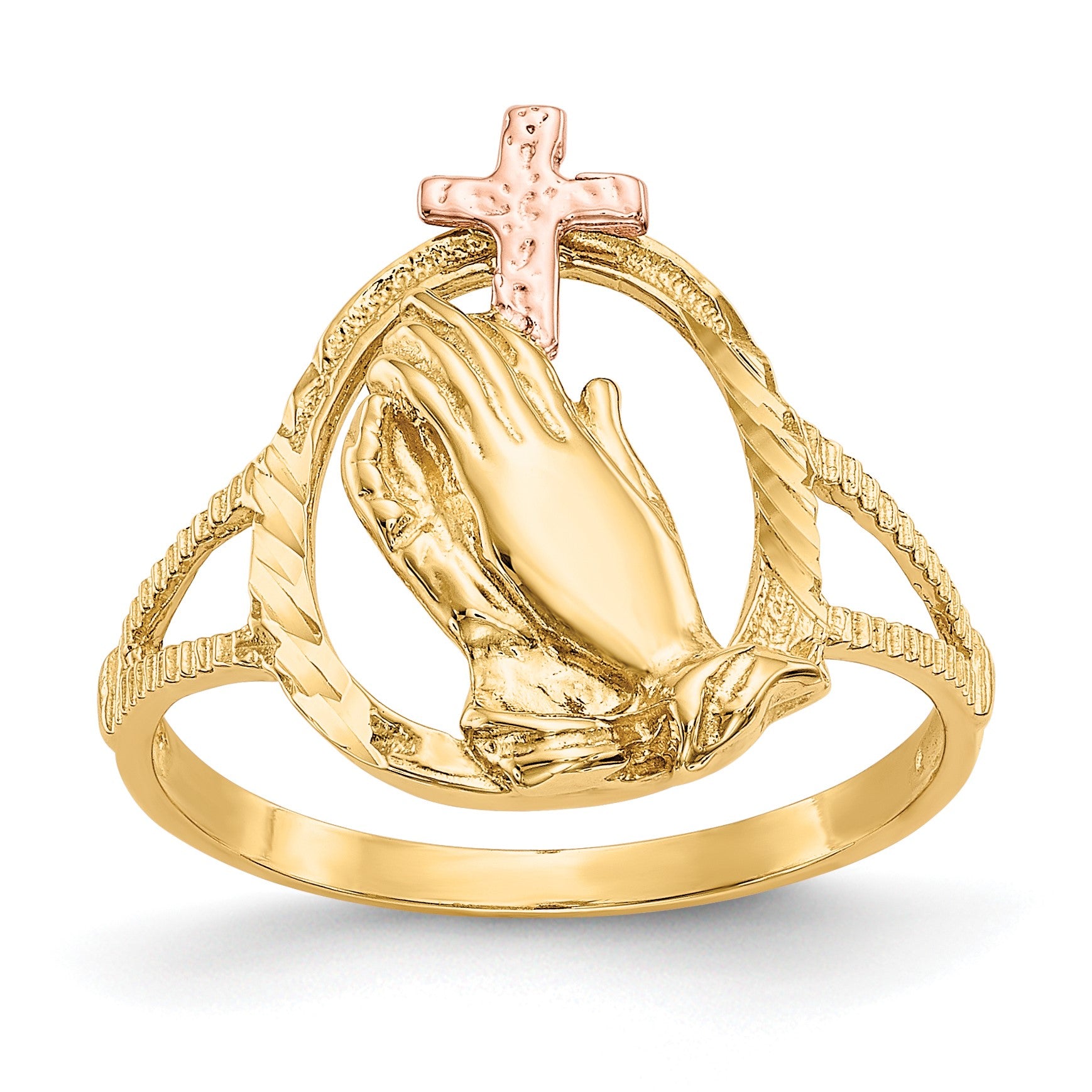 14K Two-tone Diamond Cut Praying Hands with Cross Ring