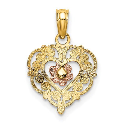 14K Two-tone Polished Flower in Fancy Border Heart Pendant