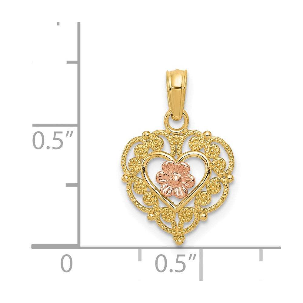 14K Two-tone Polished Flower in Fancy Border Heart Pendant