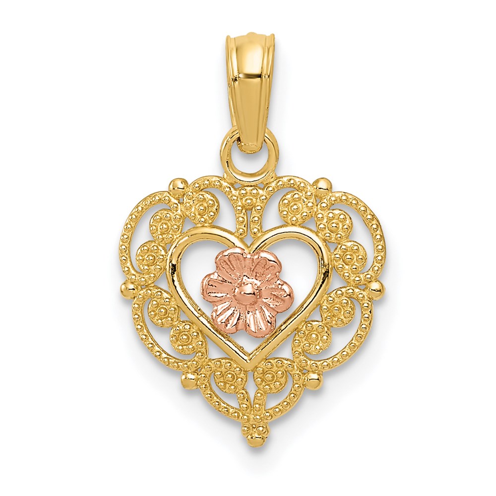 14K Two-tone Polished Flower in Fancy Border Heart Pendant