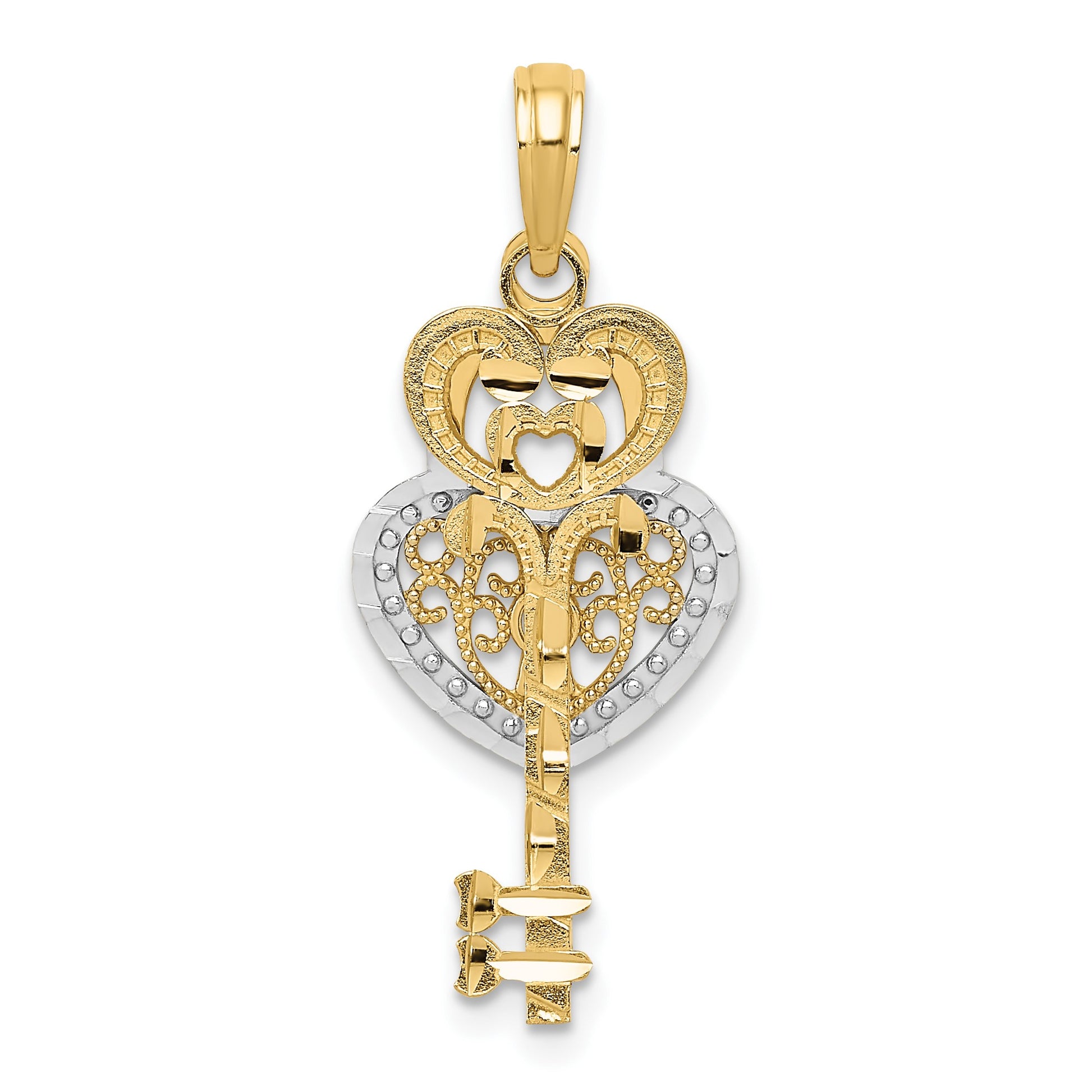 14K and White Rhodium Moveable Filigree Heart Key and Lock Charm