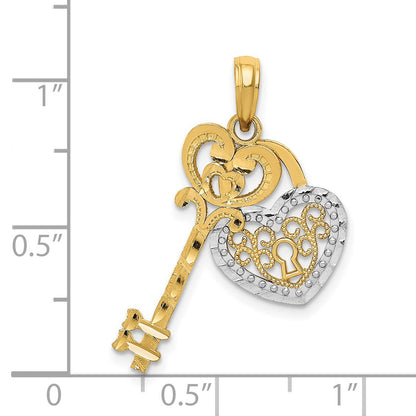 14K and White Rhodium Moveable Filigree Heart Key and Lock Charm