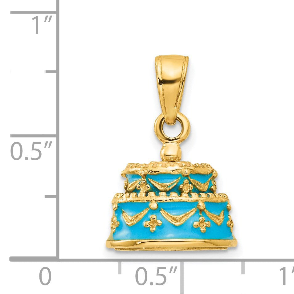 14K 3-D Aqua Blue Enameled HAPPY BIRTHDAY Cake Pendant