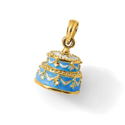 14K 3-D Aqua Blue Enameled HAPPY BIRTHDAY Cake Pendant