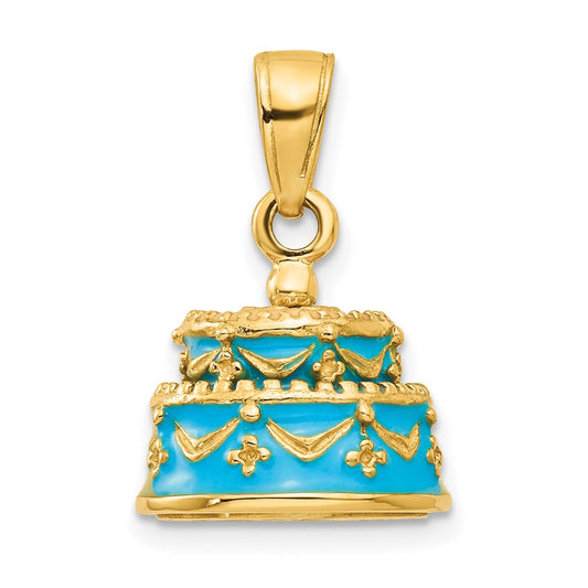 14K 3-D Aqua Blue Enameled HAPPY BIRTHDAY Cake Pendant