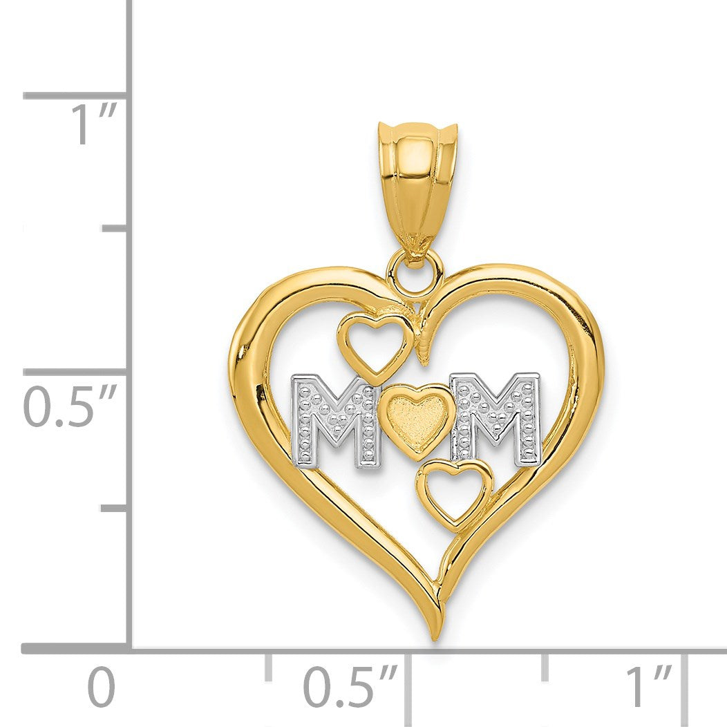 14k and White Rhodium Diamond-cut MOM Heart Pendant