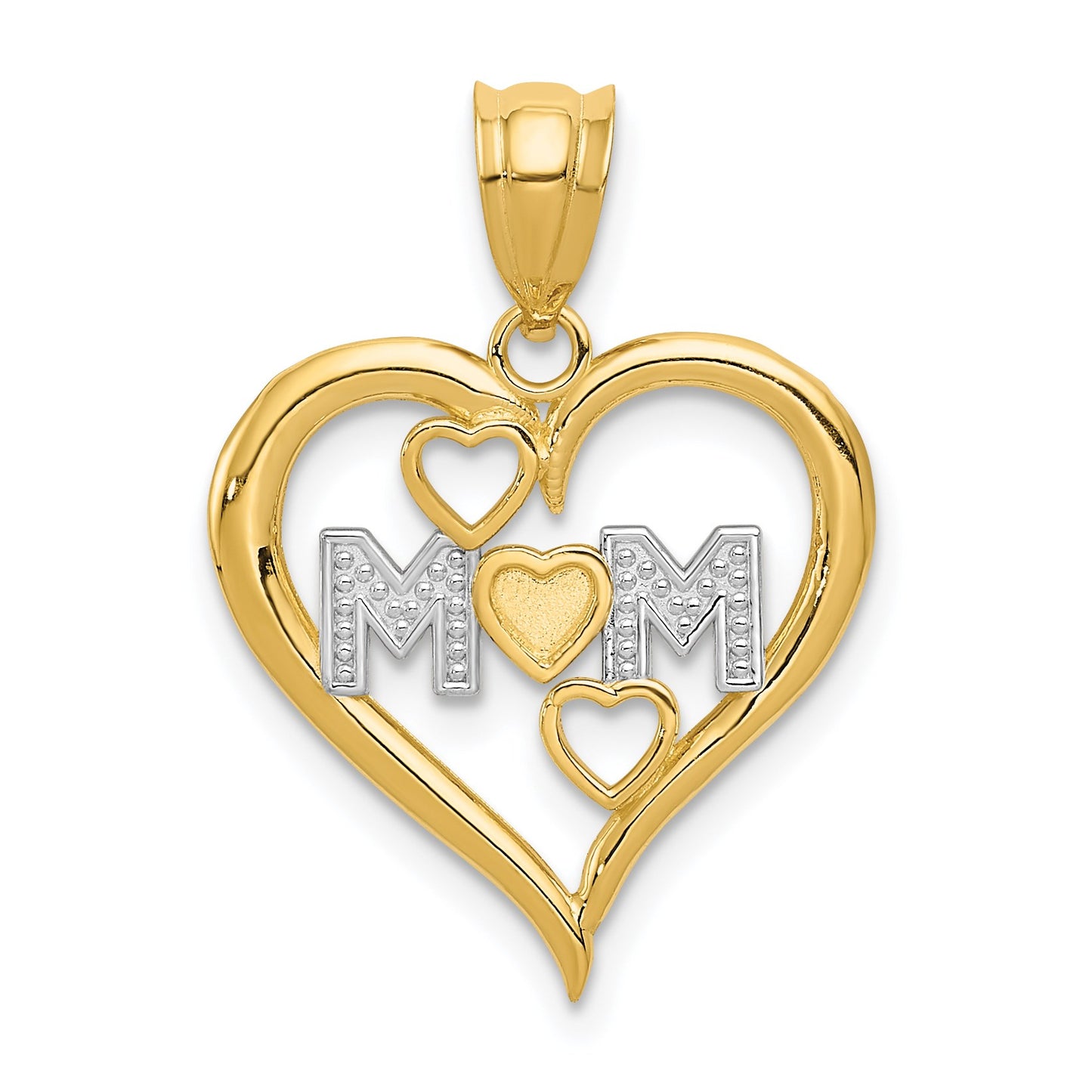 14k and White Rhodium Diamond-cut MOM Heart Pendant