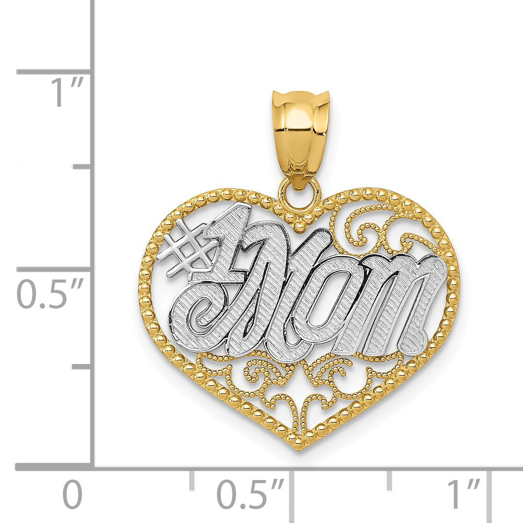 14k and White Rhodium Filigree #1 MOM Heart Pendant