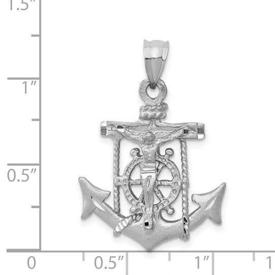 14k White Gold Satin Diamond-cut Mariners Crucifix Pendant