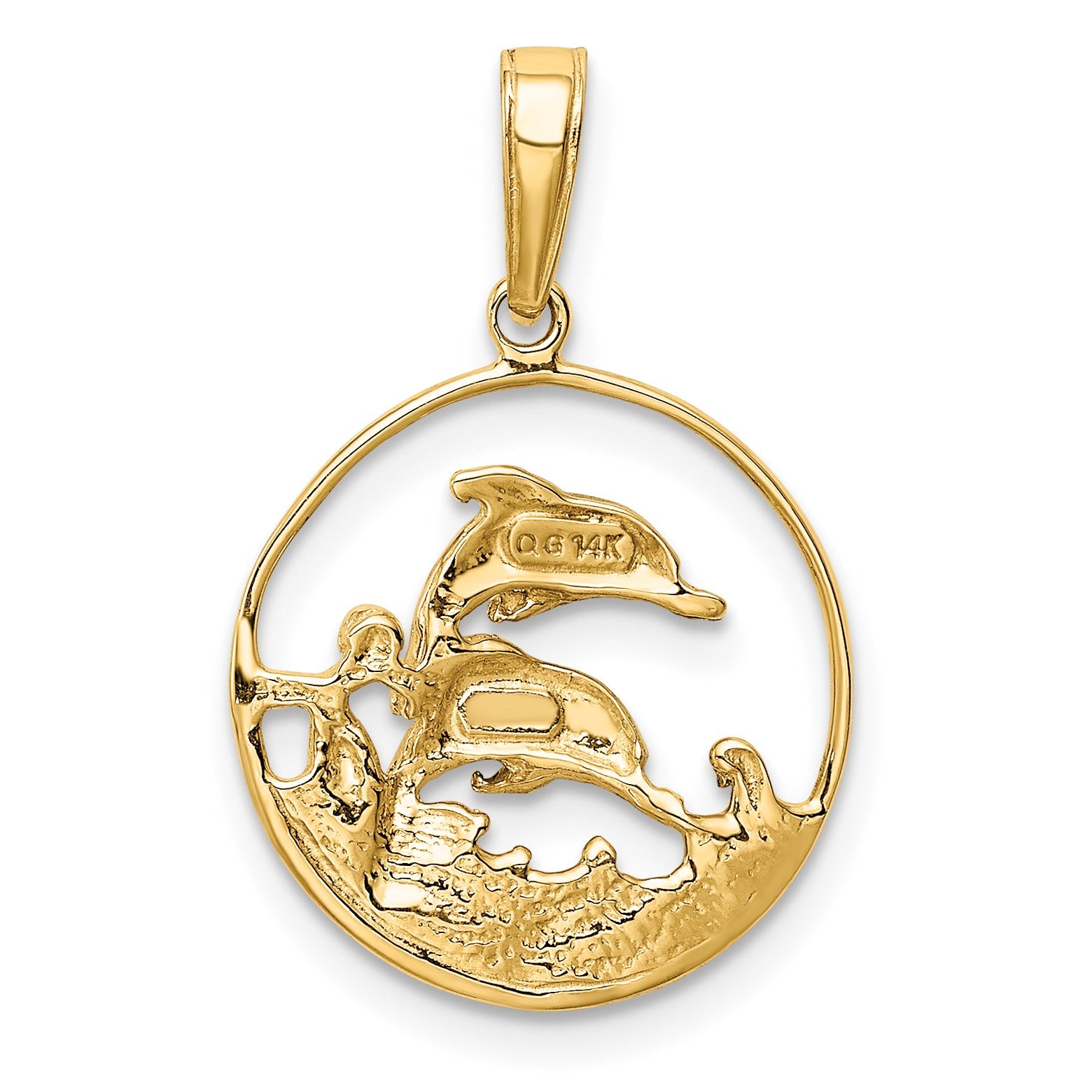 14K and White Rhodium Double Dolphins In Circle Pendant