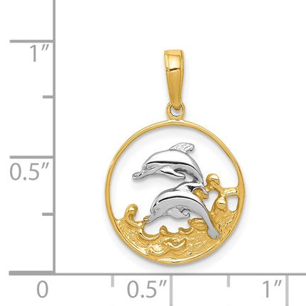 14K and White Rhodium Double Dolphins In Circle Pendant