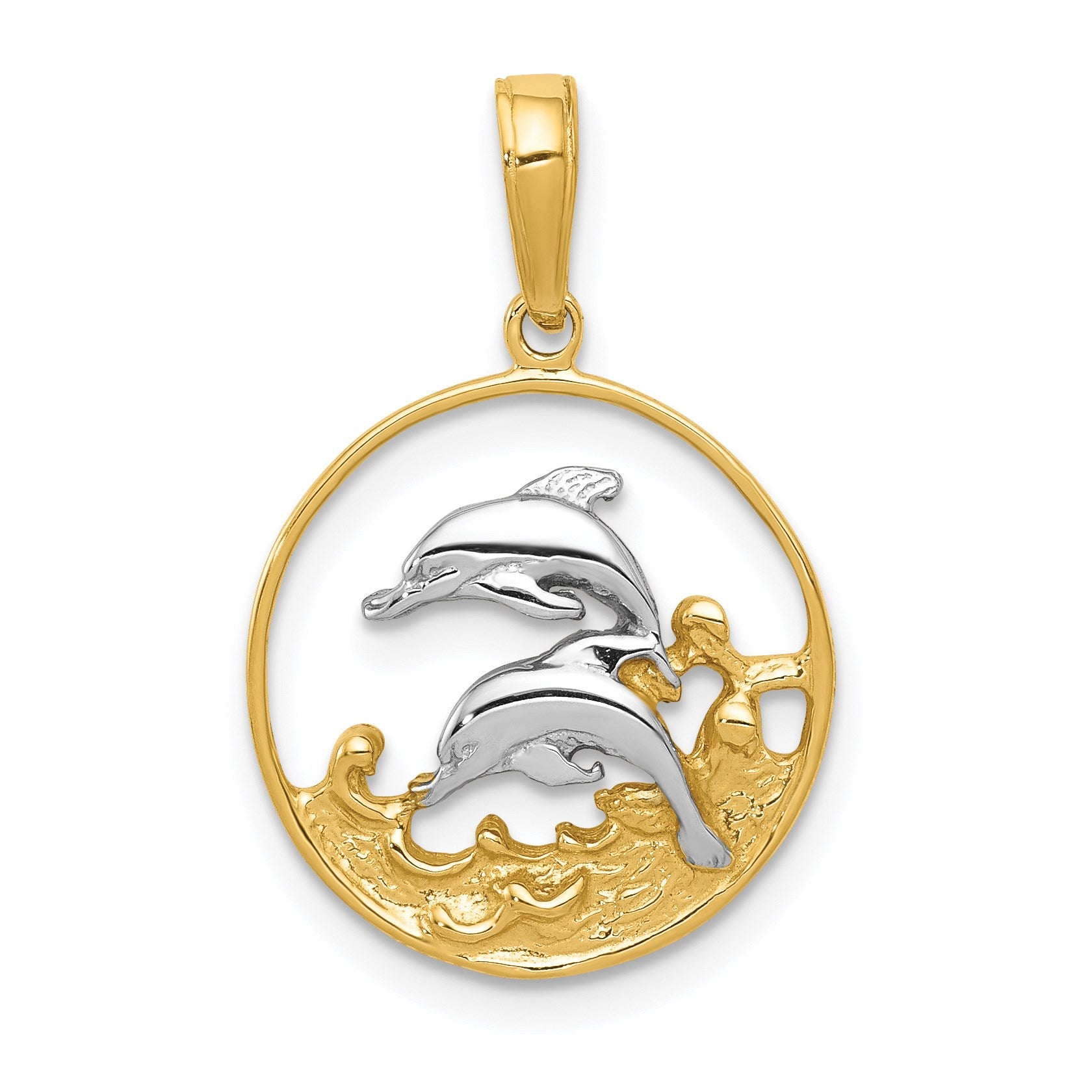 14K and White Rhodium Double Dolphins In Circle Pendant