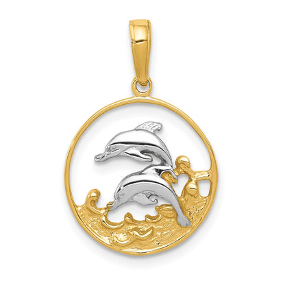 14K and White Rhodium Double Dolphins In Circle Pendant