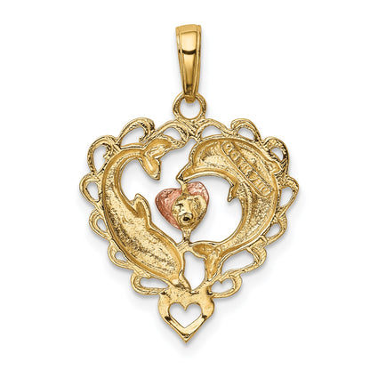 14K Two-Tone with White Rhodium Dolphins In Heart Pendant