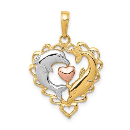 14K Two-Tone with White Rhodium Dolphins In Heart Pendant
