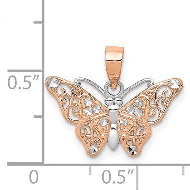 14k Rose Gold with White Rhodium Diamond-cut Butterfly Pendant