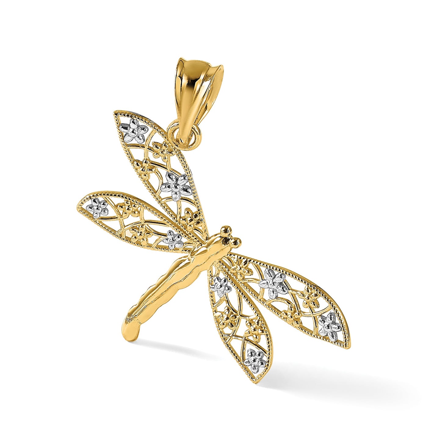 14k and White Rhodium Filigree Dragonfly Pendant