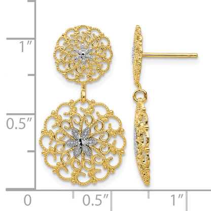 14K and White Rhodium Diamond-cut Filigree Medallion Drop Post Earrings