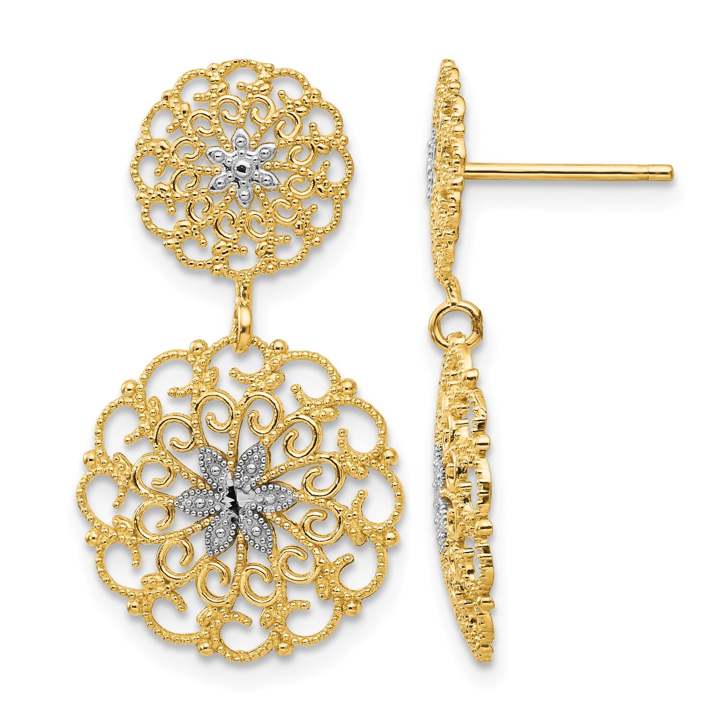 14K and White Rhodium Diamond-cut Filigree Medallion Drop Post Earrings