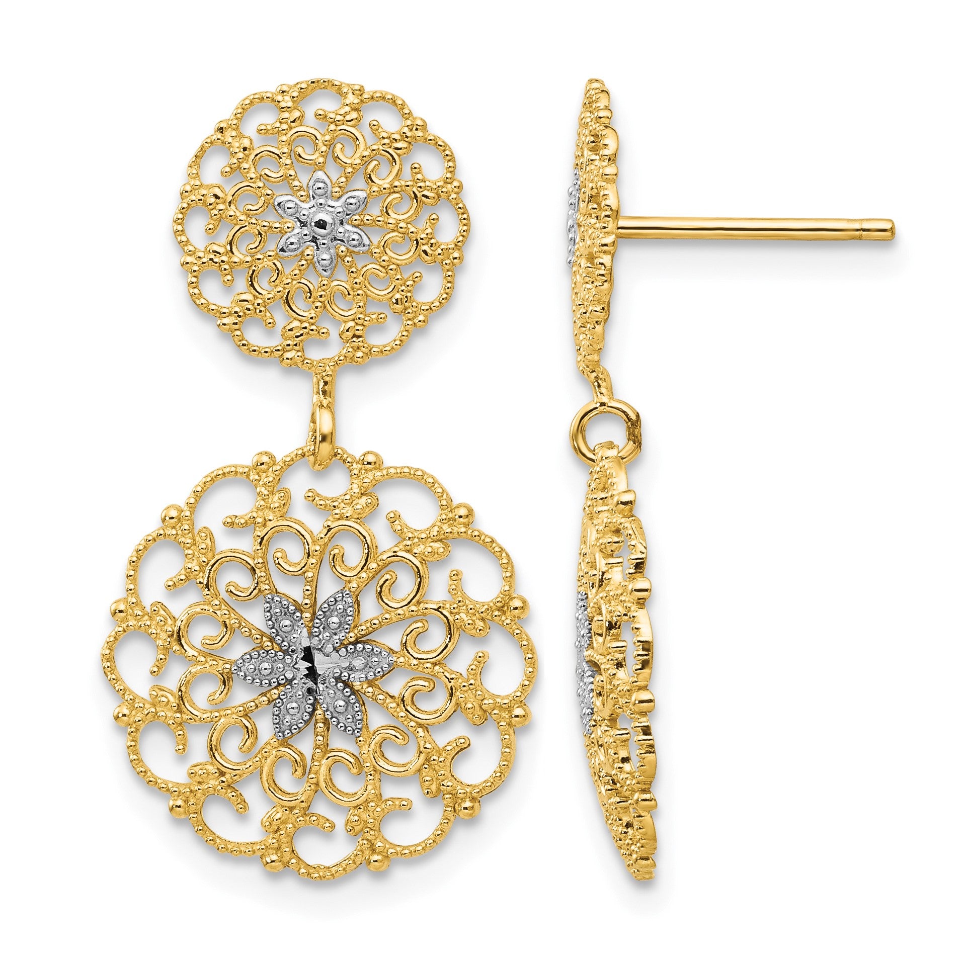 14K and White Rhodium Diamond-cut Filigree Medallion Drop Post Earrings