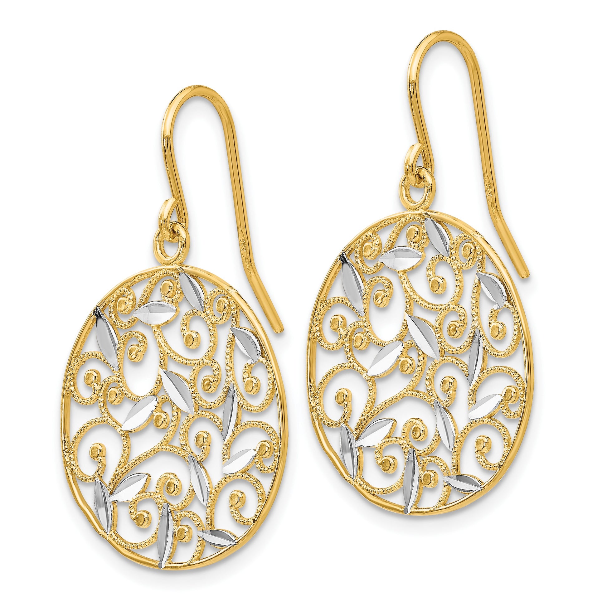 14K and White Rhodium Diamond-cut Filigree Circle Dangle French Hook Earrings