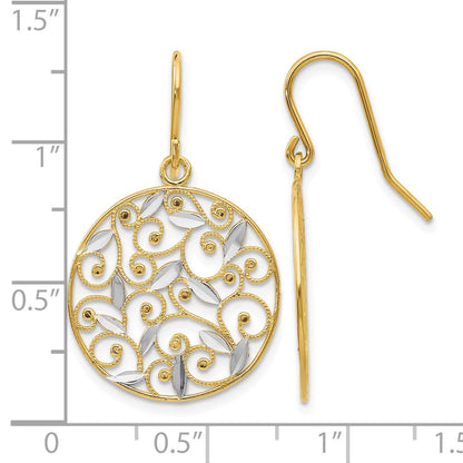 14K and White Rhodium Diamond-cut Filigree Circle Dangle French Hook Earrings