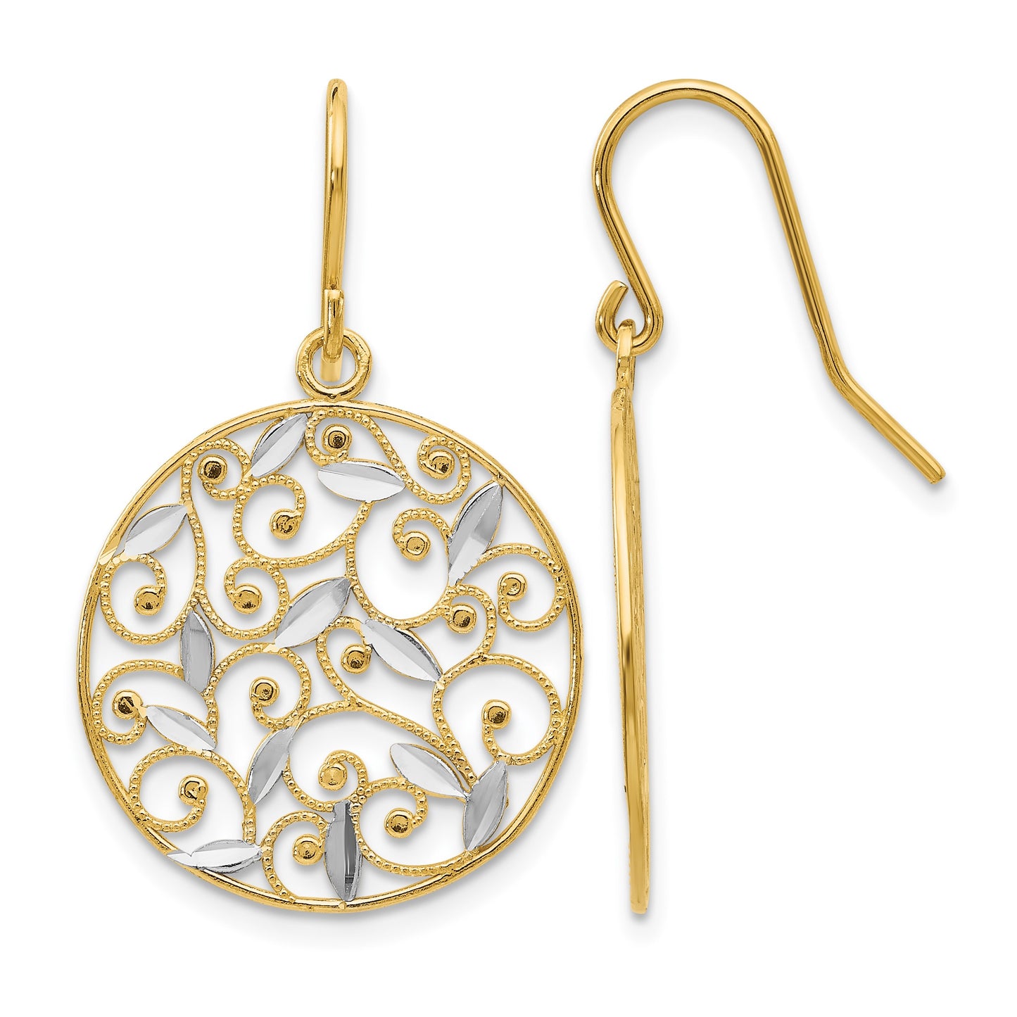 14K and White Rhodium Diamond-cut Filigree Circle Dangle French Hook Earrings