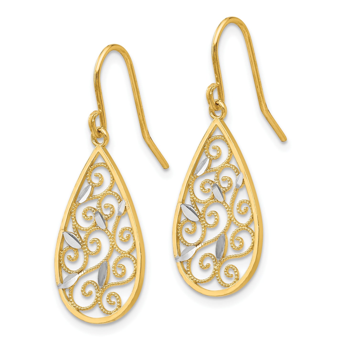 14K and White Rhodium Diamond-cut Filigree Teardrop Dangle French Hook Earrings