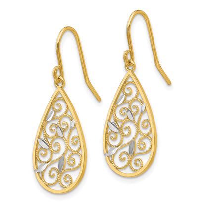 14K and White Rhodium Diamond-cut Filigree Teardrop Dangle French Hook Earrings