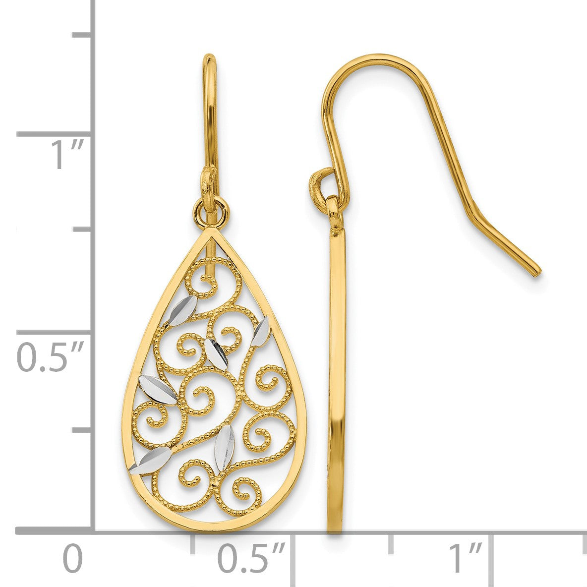 14K and White Rhodium Diamond-cut Filigree Teardrop Dangle French Hook Earrings