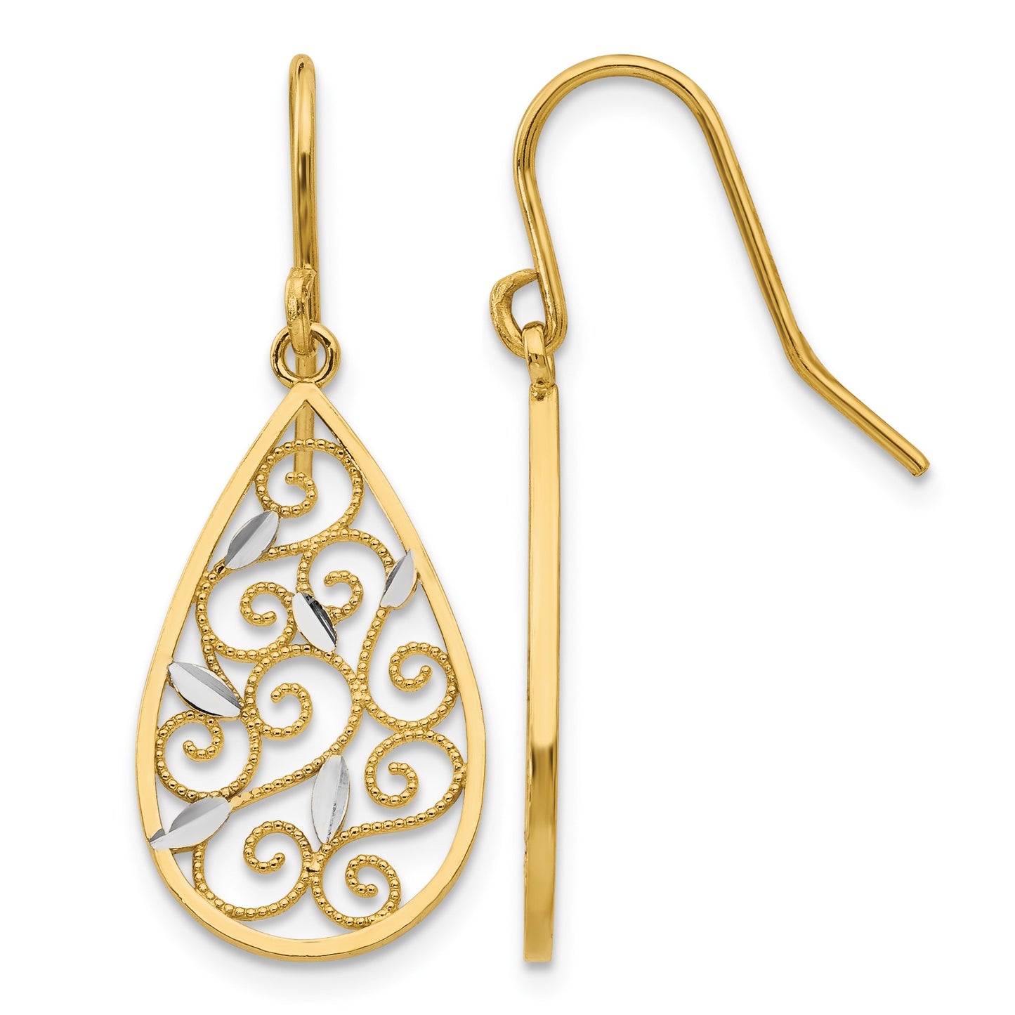 14K and White Rhodium Diamond-cut Filigree Teardrop Dangle French Hook Earrings